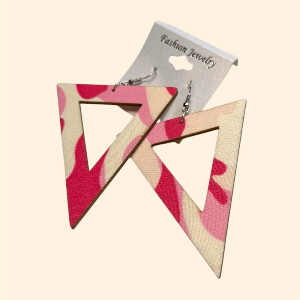 Retro Pink Cream geo Triangle cloth texture statement Earrings glitchy glam‎